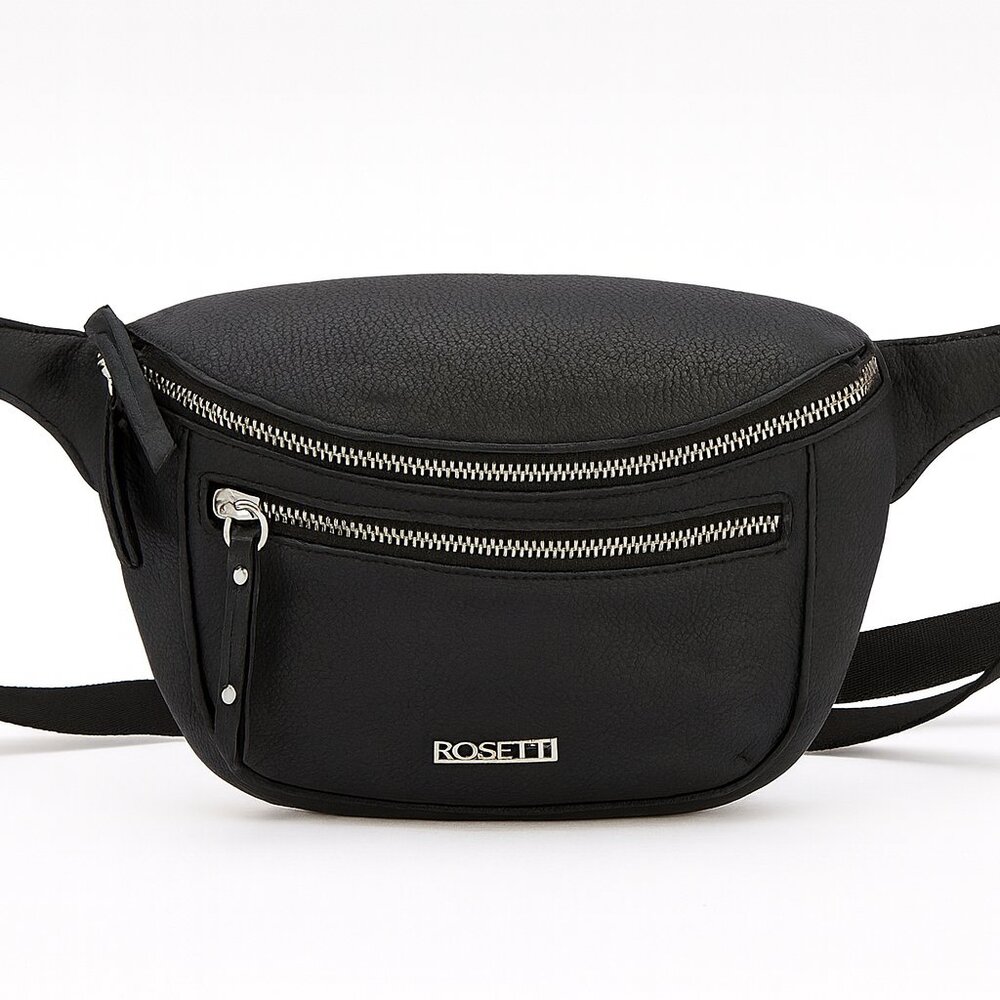 Rosetti Black Faux Leather Waist Bag – Hands-Free Crossbody/Fanny Pack, Excellen